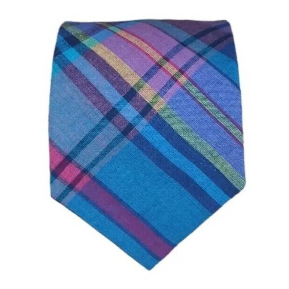 BREUER Blue Plaids & Checks Cotton Tie HANDMADE FRANCE 58"/ 3.4" EC
